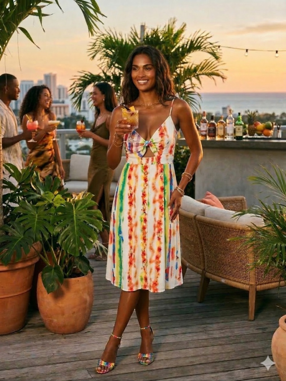Aura Multi-Colored Watercolor Summer Spring Vacation Front Tie Midi Dress Size S